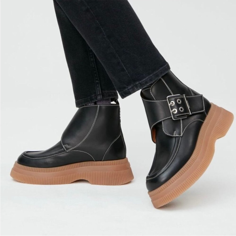 Ganni Black Leather Ankle Boots with Brown Soles